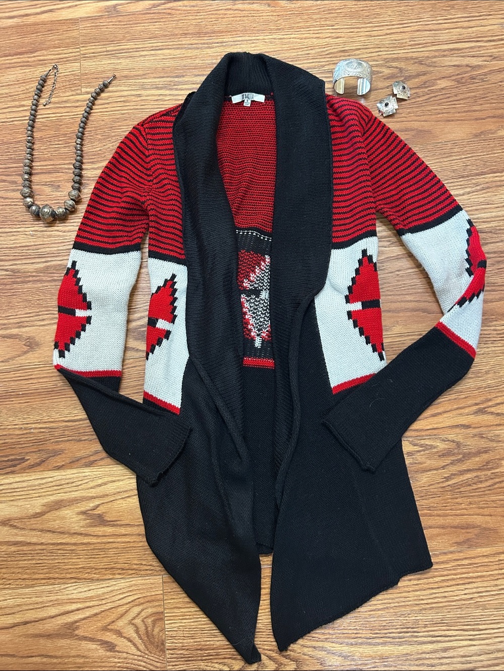 Black and Red Western Open-Front Women's Sweater Cardigan